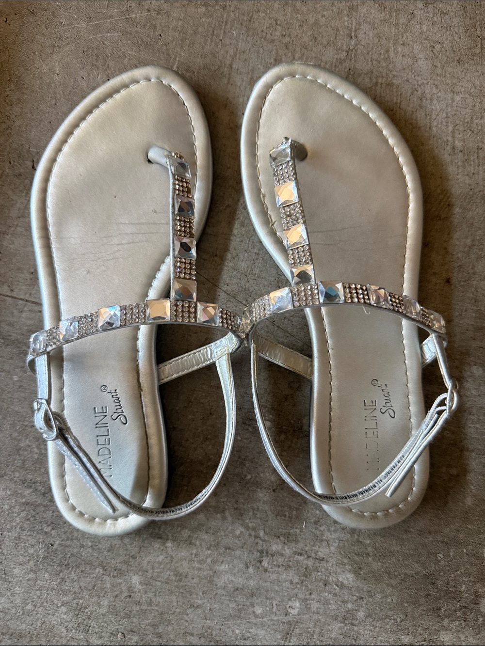 Madeline Stuart Silver Jeweled T-Strap Sandals
